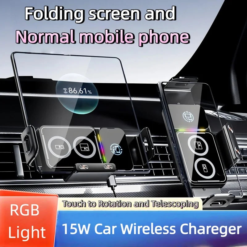 15W Universal Car Phone Wireless Charger Holder 90° Rotation Mount for Samsung Galaxy Fold 6 5 4 3 Z Flip S25 S24 Iphone 17 16